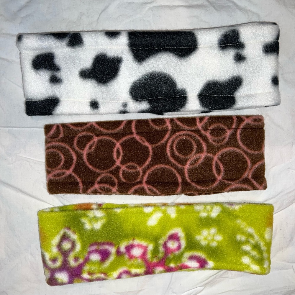 Fleece Headbands - Set of 3 - cow print, green floral, brown pink circles